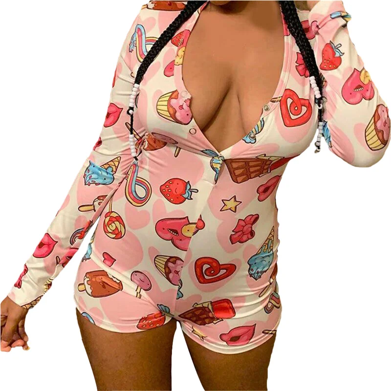 

2021 Women's Deep V-Neck Jumpsuit, Sexy Button Funny Pattern Printing Cloth, Long Sleeve Romper