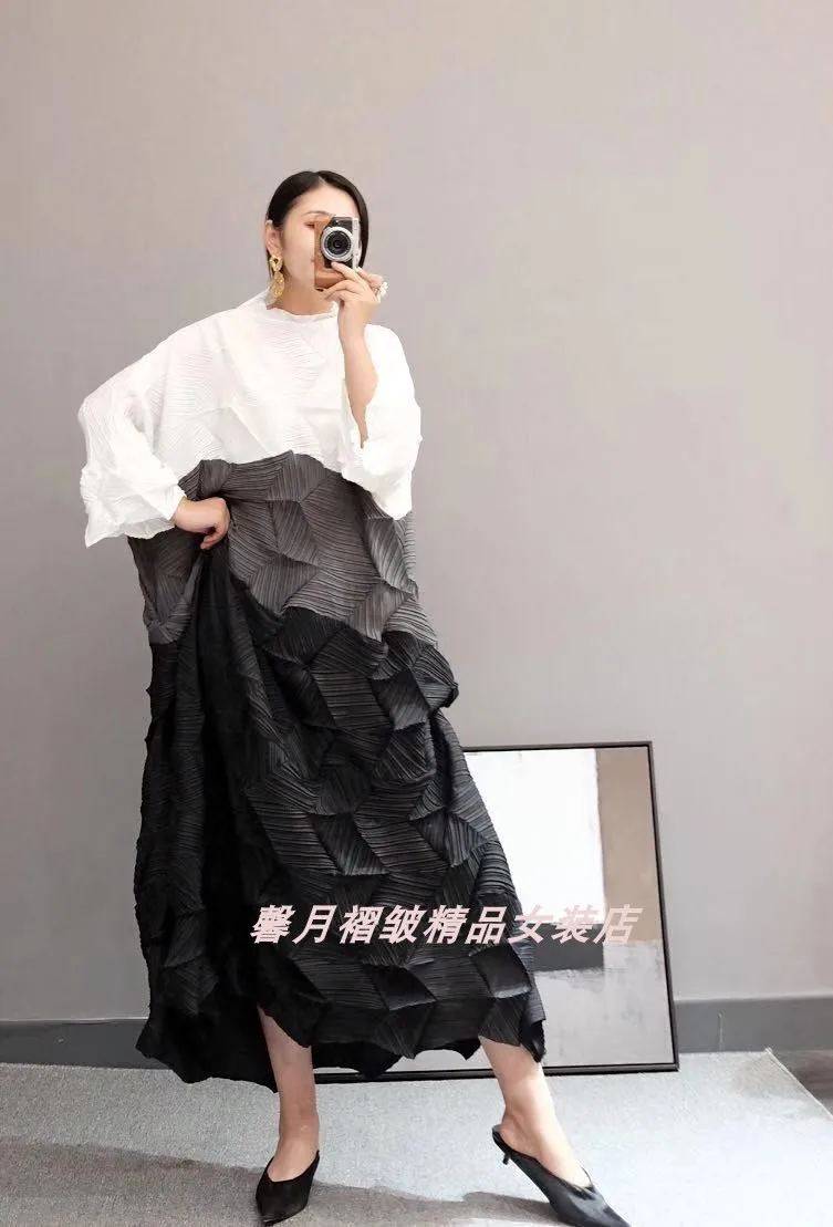 Miyake модные раза Алмазный плиссированное платье с рукавом три четверти в стиле пэчворк, воротник-стойка, свободные бутон платье