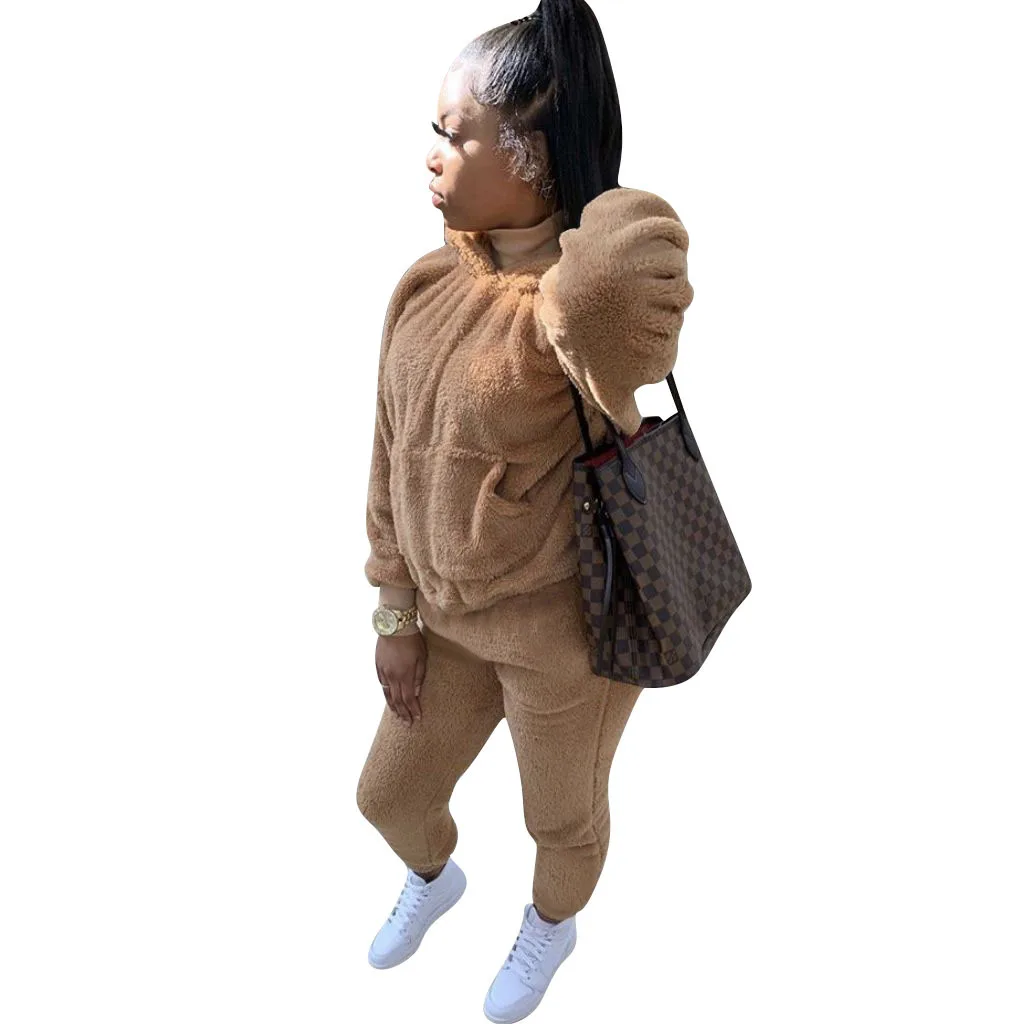 

Women's Pant suits Sportswear Two-Piece Solid Plush Hoodie Casual Loose Wear Running Workout Fitness Clothes Sportswear 2021