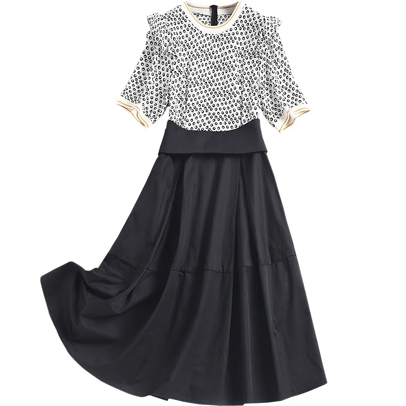 

Women designer high quality patchwork dress short sleeve geometric print a-line elegant summer dresses 2021 new