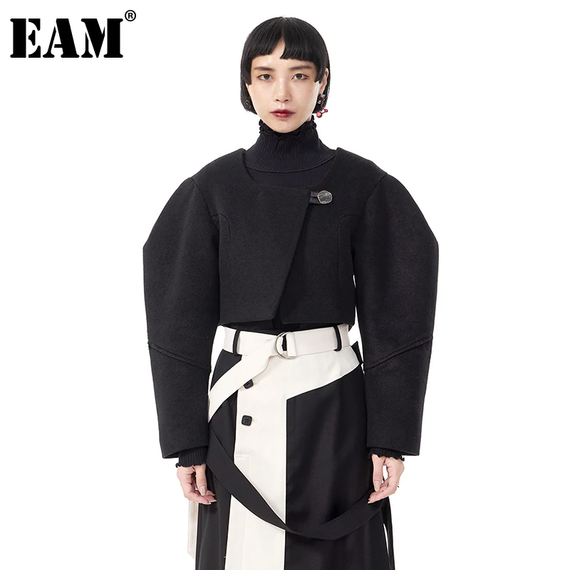 

[EAM] Loose Fit Black Shaped Elegant Short Woolen Coat Parkas New Long Sleeve Women Fashion Tide Autumn Winter 2021 1DE3043