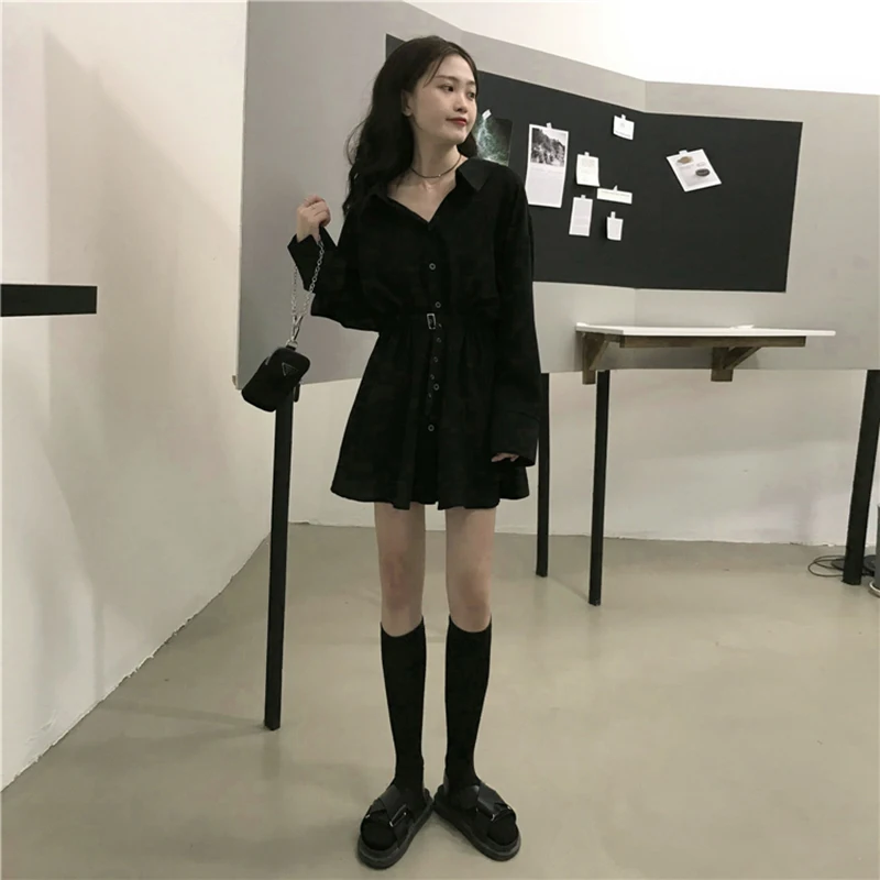 

Dress Women Pure Turn-down Collar Button Long Sleeve Collect Waist Elegant Fashion Black Western styledress female spring 2021