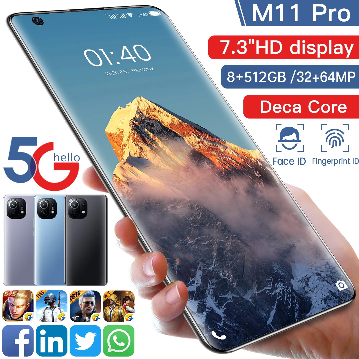 

2021 XIAOM11 Pro 12GB+512GB Face Fingerprint ID 32+64MP Andriod Cell Phone 7.3 Inch Big Screen Deca Core 5G Network Smartphones
