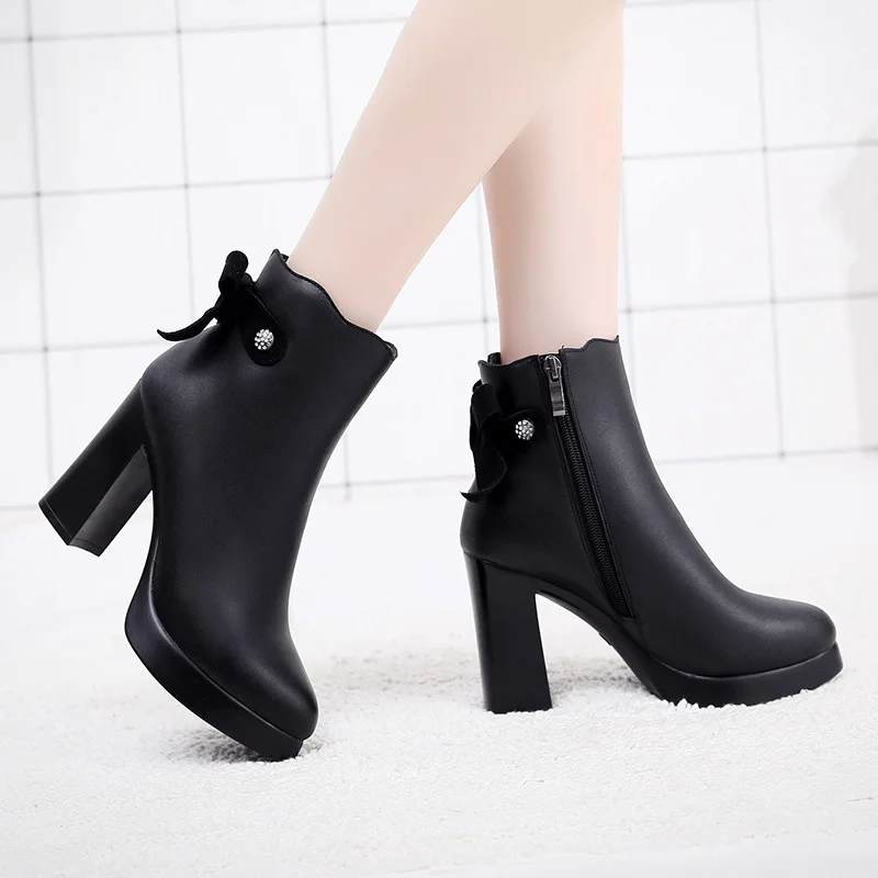 

Size (34-43) Snow Ankle Boots High Heels Fall Winter 2021 Women boots Fashion Platform Boots Block Heels Genuine Leather Shoes
