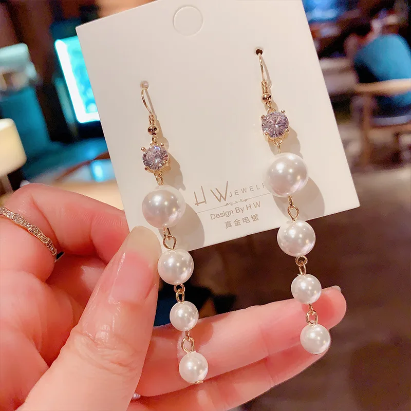 

2020 New Arrival Vintage Sweet Simulated-pearl Long Tassel Dangle Earrings For Women Fashion Water Drop Crystal Pendant Jewelry
