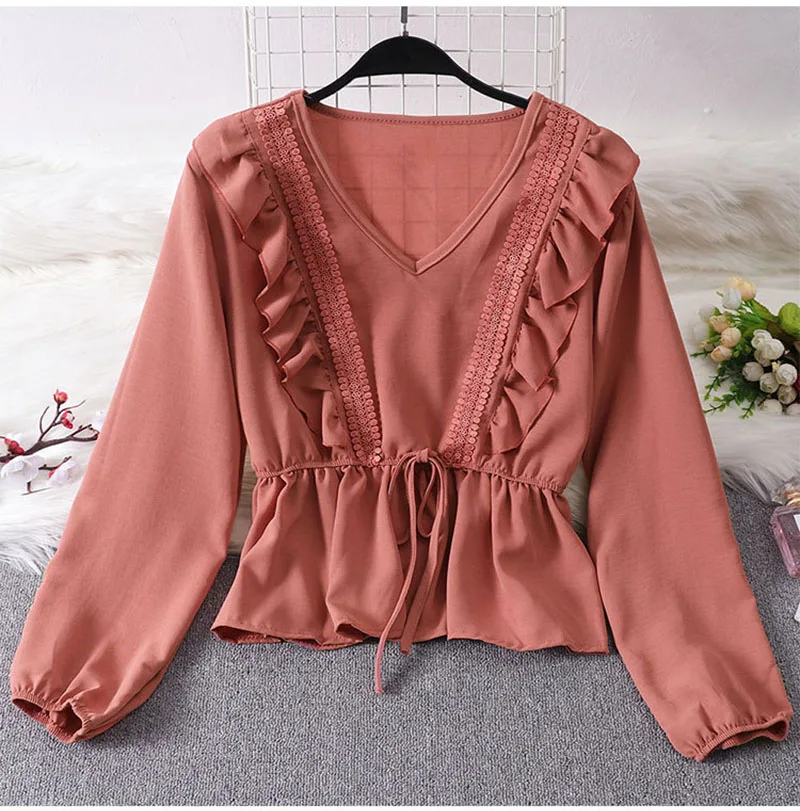 

Women Chiffon Blouse Spring Autumn Korean Fashion Chic Solid Long Sleeve Elegant Sweet Ruffles Shirt Casual Tops