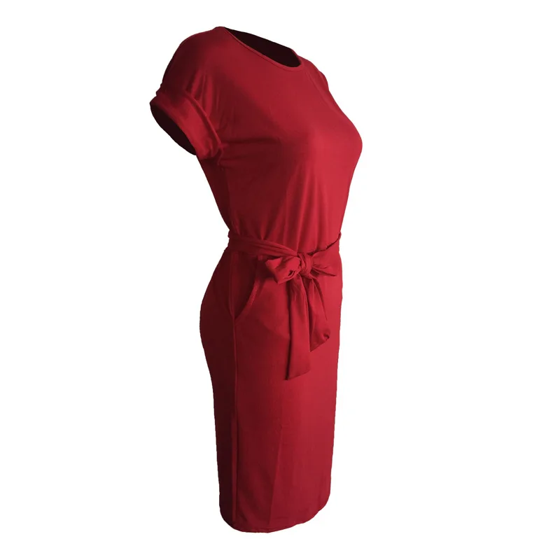 

Women Summer Dress Solid Color Round Neck Short Sleeve Pencil Dresses