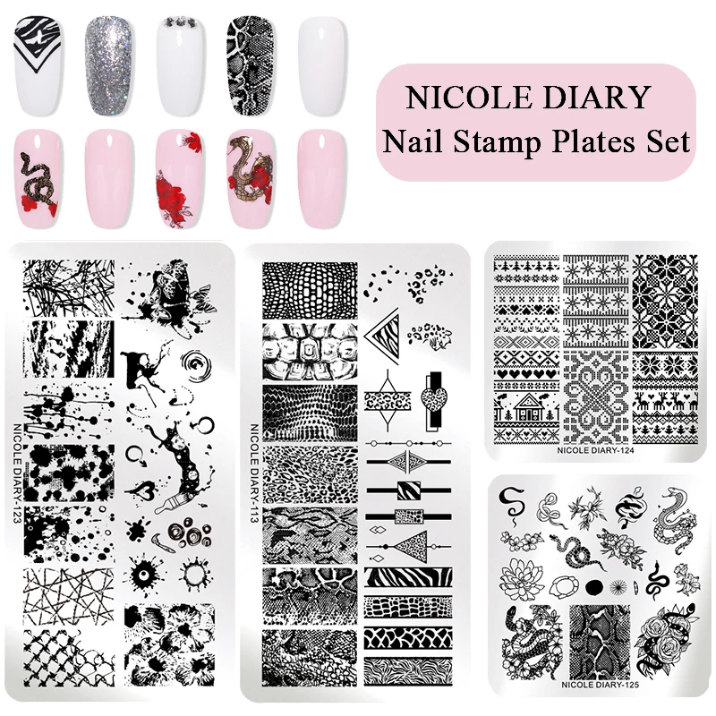 NICOLE DAIRY Рождество серия ногтей штамп пластины набор змея снег мрамор разброс изображения штамп шаблоны Маникюр Искусство Трафарет Комплект