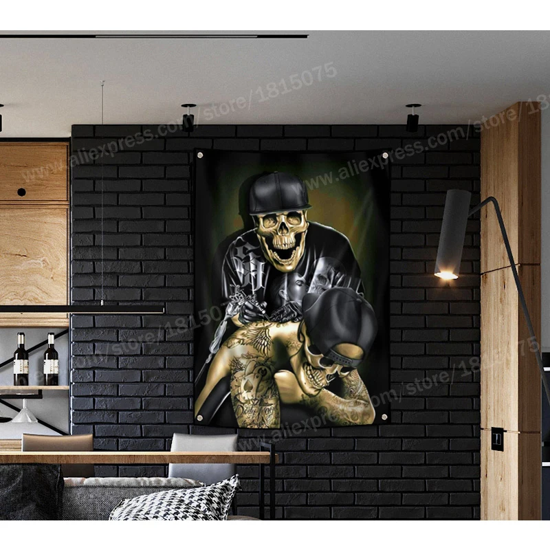 Skull Art Tattoo Artist Posters Flag Banner Home Decoration Hanging 4 Gromments In Corners 3*5FT 144CM*96CM | Дом и сад