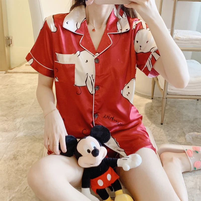 Женская пижама размера плюс Летняя шелковая с принтом|Комплекты пижам| |