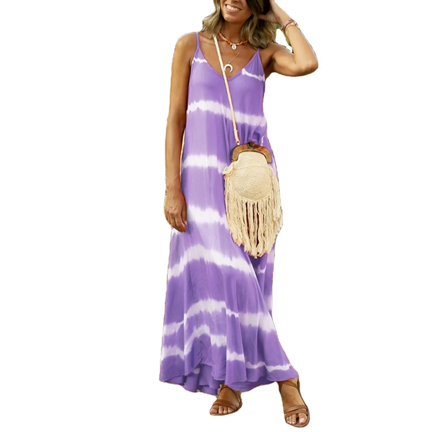

New Women Casual Basic Summer Stripe Sling Long Dress Beach Loose Plus Size Sleeveless S~5XL