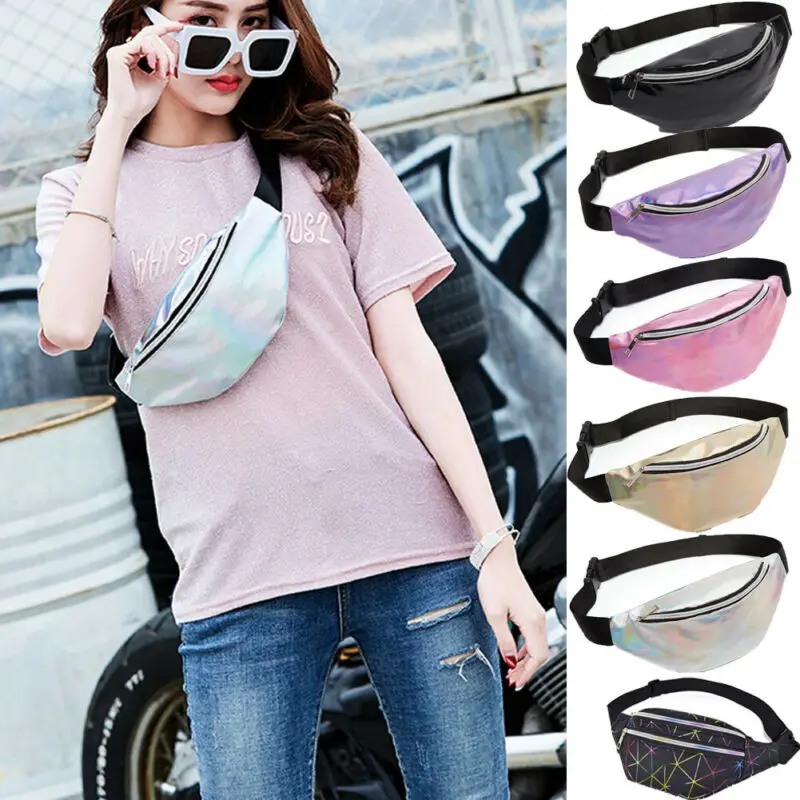 

Waist Bags Women Silver Fanny Pack Male Female Belt Bag Black Waist Packs Fashion Laser Women Crossbody Bag