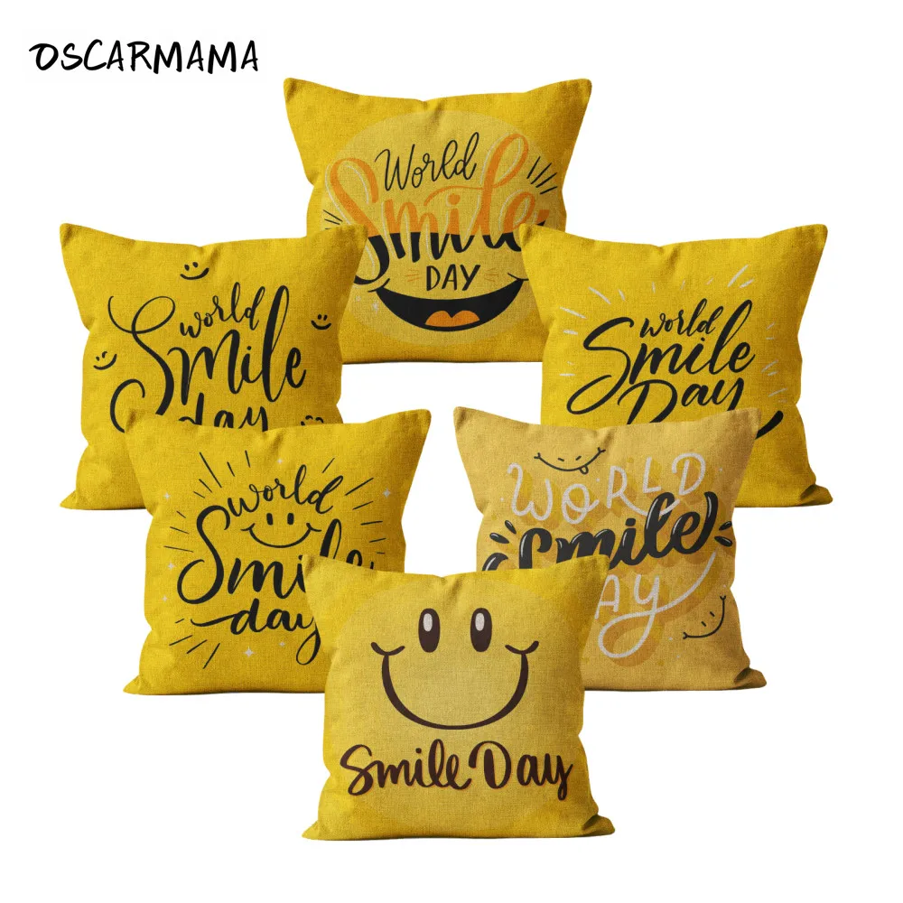 

World Smile Day Little Yellow Man Cartoon Cute Anime Cushion Cover Pillow Case Housse Coussin Cojin 40 45 50 Kids Party Decor