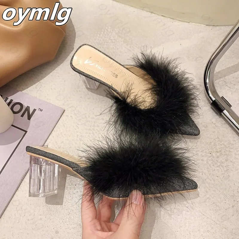 

2021 New Sequin cloth Korean Thick Half Drag Women's Summer Wear Heel Pointed Sequin Fashion Crystal Plush Heel Shoes