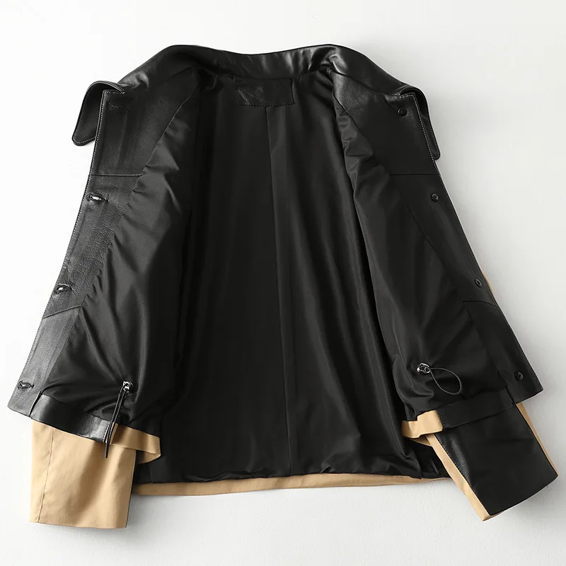 2021 Spring New Sheepskin Black Splicing Khaki Coat Women's High Quality Genuine Leather Casual Loose Motorcycle Jacket