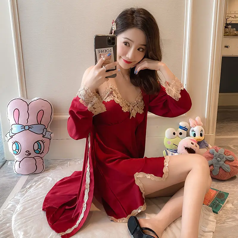 2021 Summer New Long Sleeve Robe Women's Sexy Lace Solid Color Suspender Skirt Two Piece Ice Thin Home Clothes Robe Sets