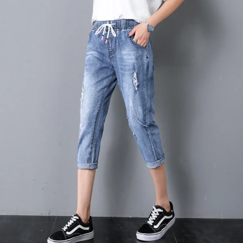 

#3002 Pencil Pants Jeans Women Summer Cotton Korean Style Elastic Waist High Holes Calf-length Denim Jeans Women Slim Denim Girl