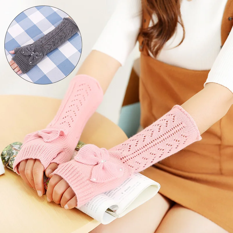 

Women's Long Fingerless Gloves with Bow Winter Autumn Knitting Wrist Arm Solid Color Warm Fashion Half Finger Cycling Mittens