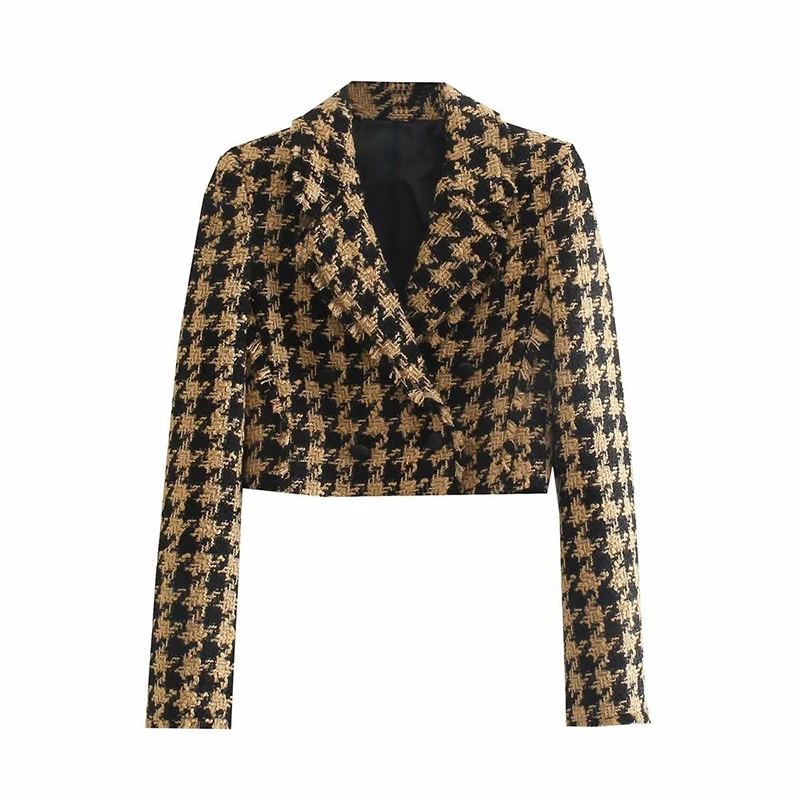 

YENKYE Women Vintage Double Breasted Cropped Tweed Blazer Mujer Frayed Cuffs Long Sleeve Winter Suits Jacket