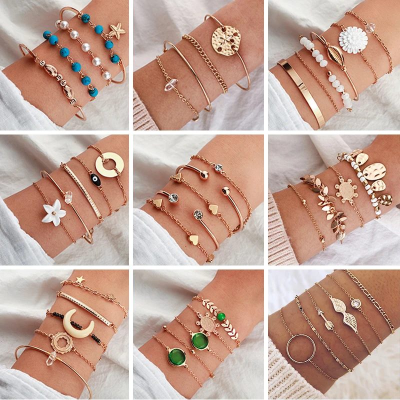 Tocona богемные цветы звезда Луна золотой браслет для женщин многослойный