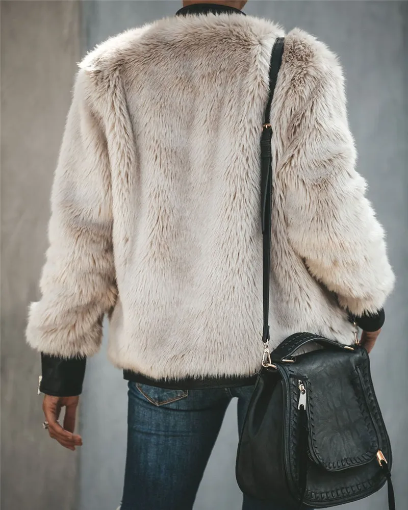 Women Warm Fleece Leather Patchwork Pocket Long Sleeve Slim Jacket Zip Up Faux Fur Outwear Coats Winter Spring Female Clothes