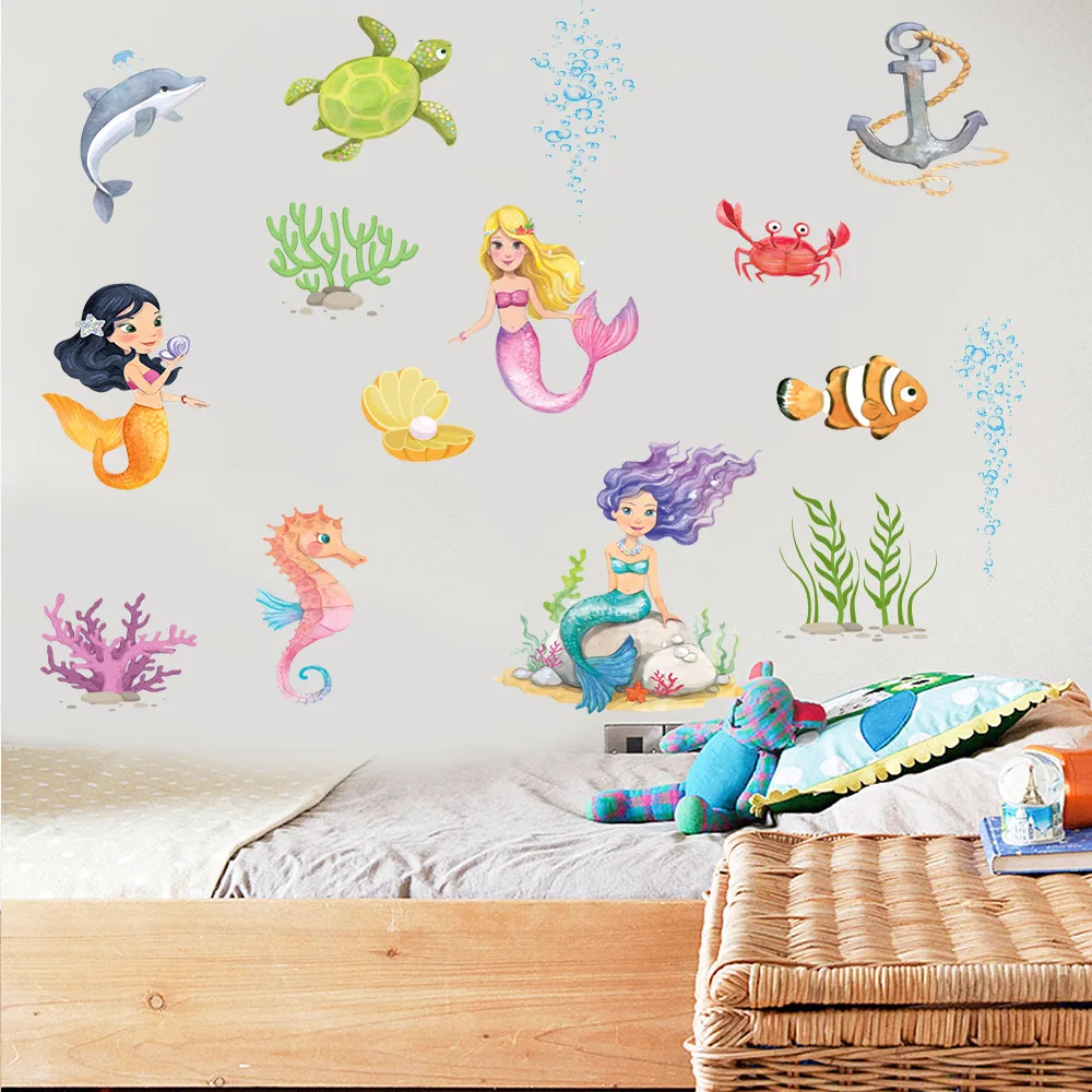 Underwater World Mermaid Coral Mural Living Room Bedroom Children's Decoration Painting wall stickers for kids rooms | Дом и сад