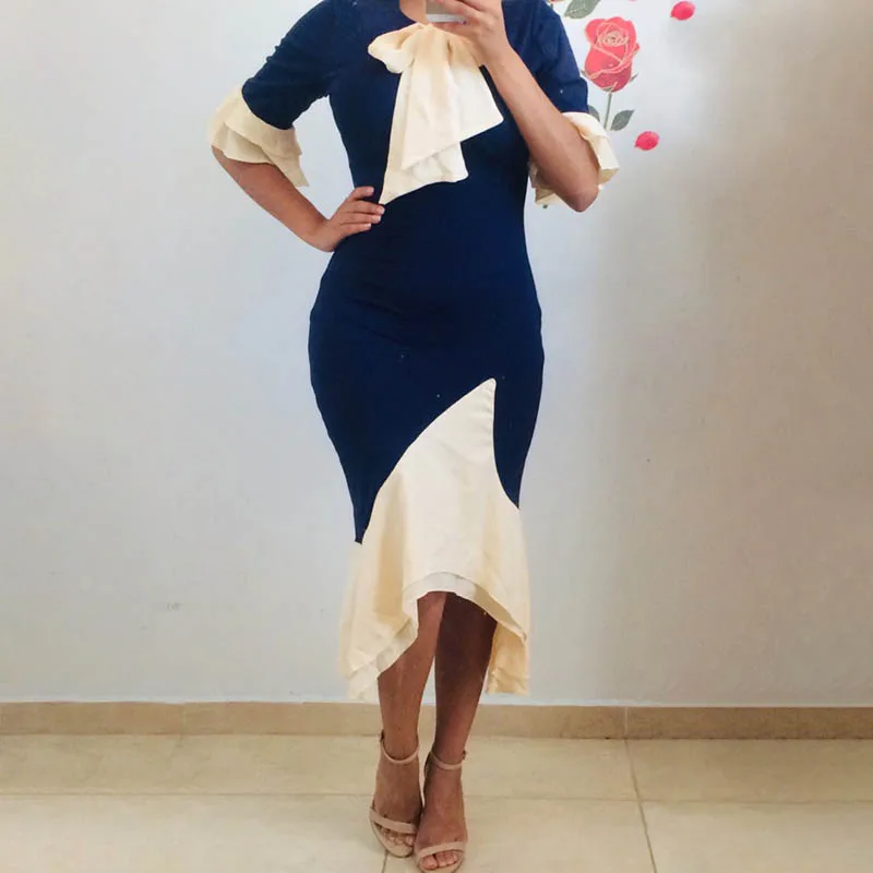 Женское винтажное офисное платье с расклешенным рукавом и бантом асимметричное