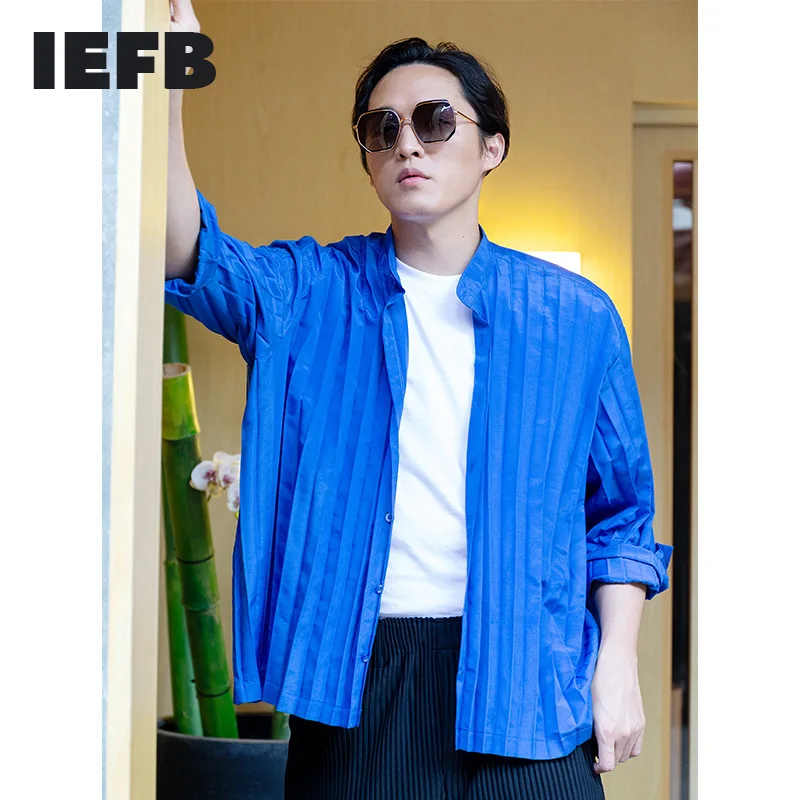 

IEFB Men's Pleated Clothing 2021 New Stand Collar Shirts In Spring And Summer Loose Long Sleeve Single Breasted Blue Tops 9Y7254