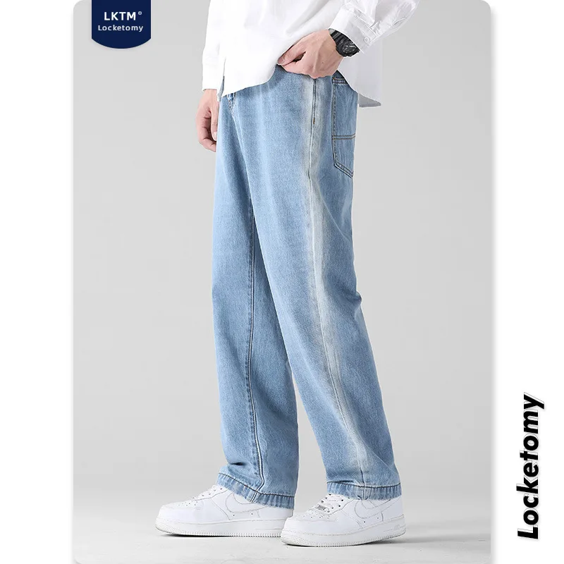 

Мужские джинсы с градиентом, свободные прямые брюки большого размера с легкими потертостями и широкими штанинами