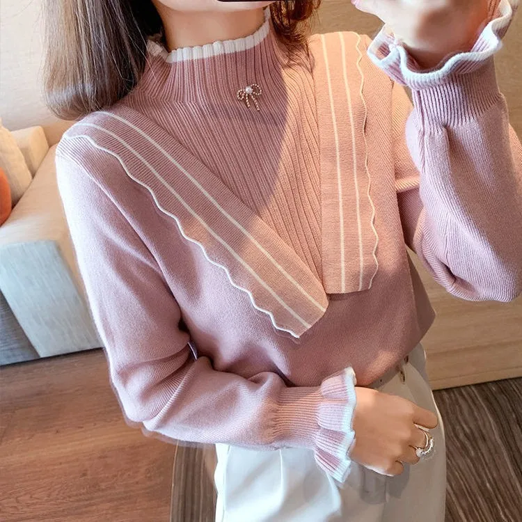 

Half High Collar Knitted Sweater Women's Korean Design New Slim Fitting Long Sleeve Top In Autumn And Winter