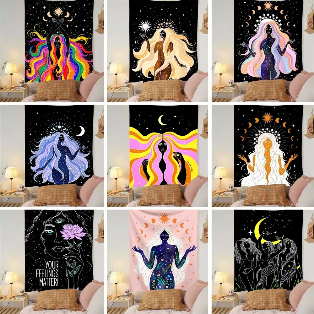 

Indian Moon Phase Girl Tapestry Aesthetic Wall Hanging Boho Decor Hippie Witchcraft Tapestry Room Decor Mandala Tapestries