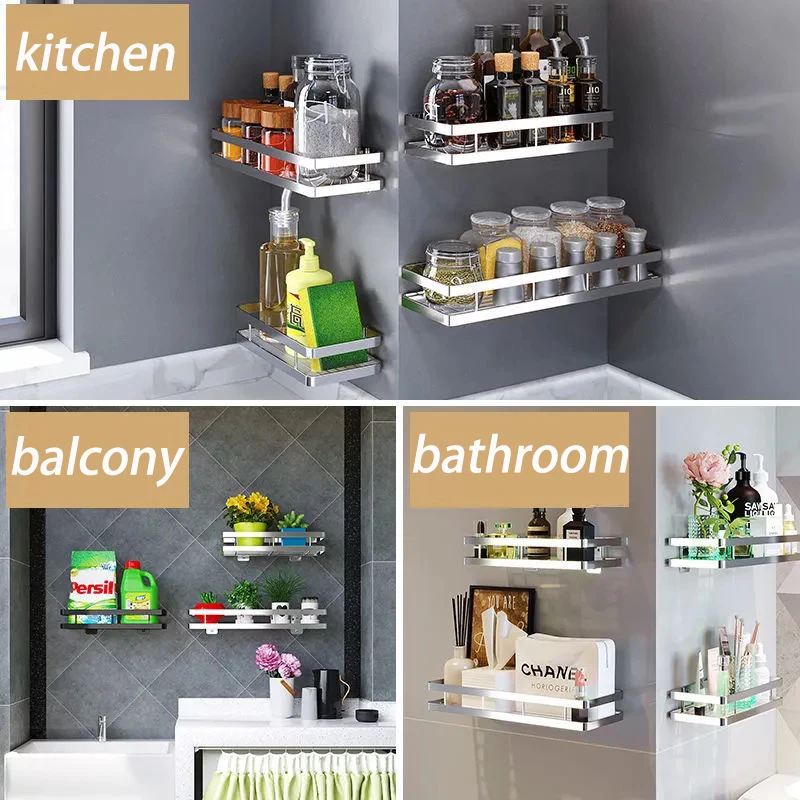 

Wall Mounted Storage Holder Kitchen Organizer Shelf Spice Rack Punch Free High Quality Storage Shelves Rack Bathroom Accessories