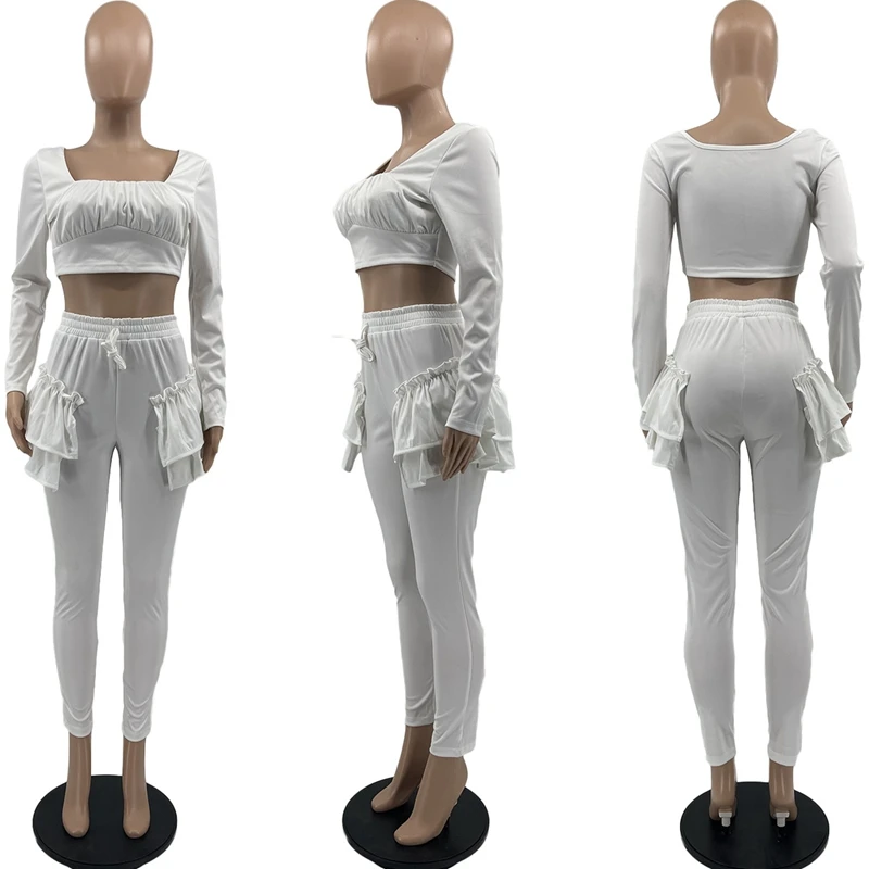 

Autumn and Winter Two Piece Set Women Sexy Solid Long Sleeve Crop Top+Pants Sets Nightclub Club Outfits Streetwear Wholesale