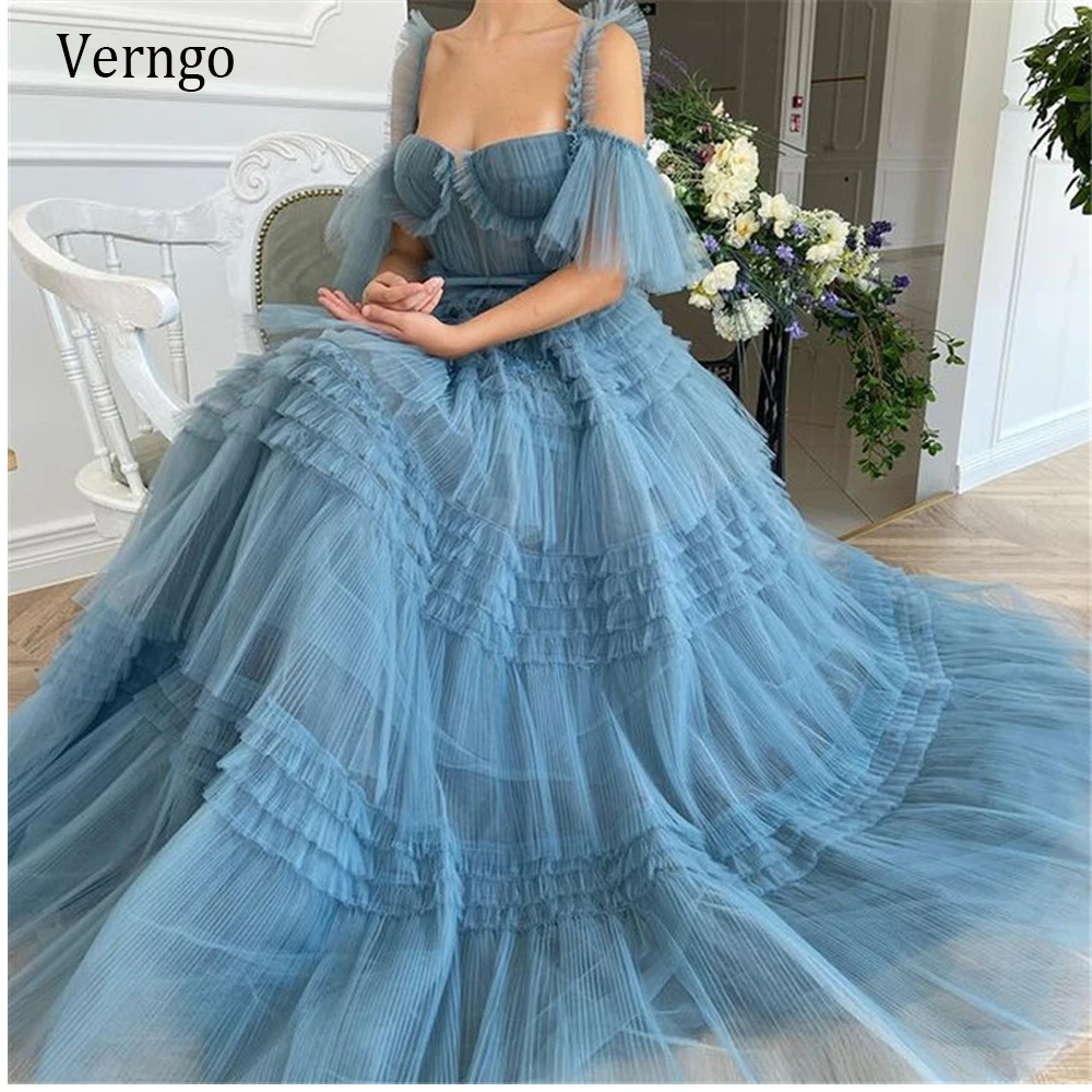 Verngo Gorgeous Dusty Blue Ruffled Tulle Evening Dresses Long A Line 2021 Off Shoulder Sleeves Tiered Floor Length Prom Gowns
