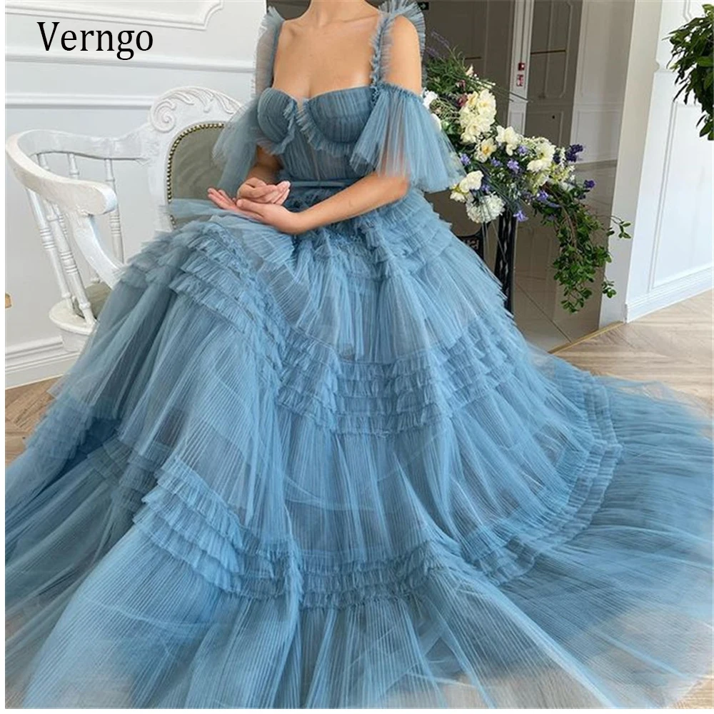 Шикарное пыльно синее Тюлевое вечернее платье Verngo с оборками длинное