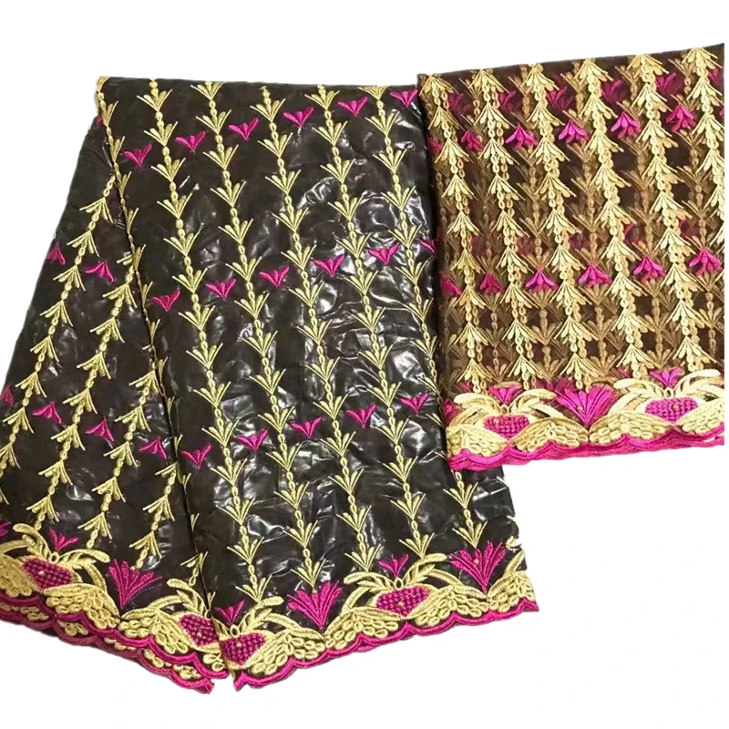 Ткань базин с вышивкой африканским тюлем и кружевной блузкой 5+2 ярда.