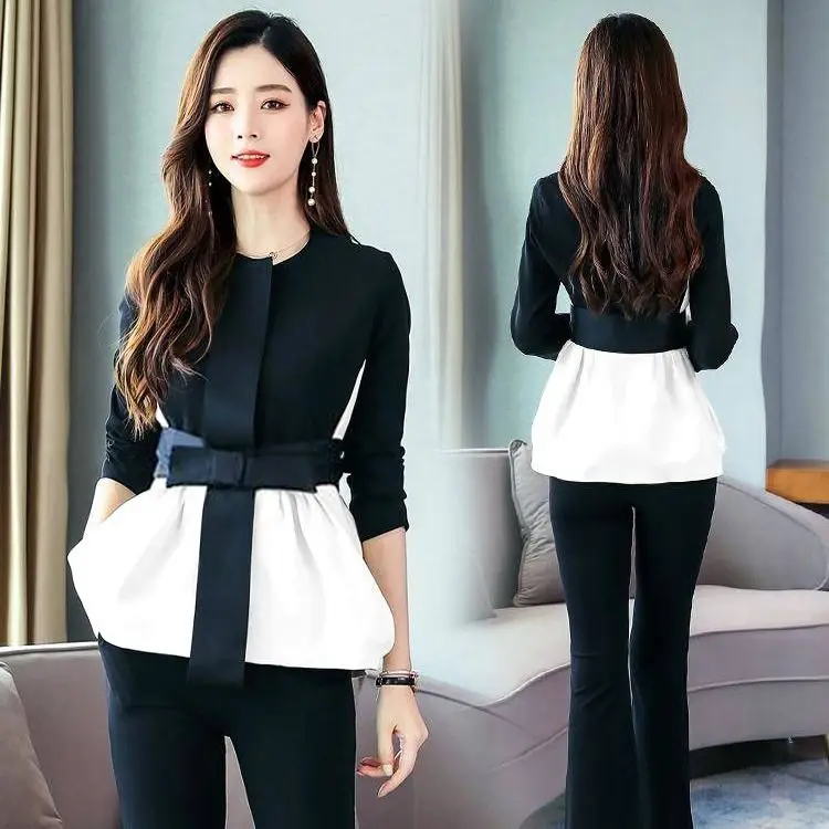 Женский костюм с длинным рукавом элегантные расклешенные брюки весна 2021 |