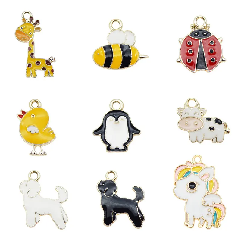 

Julie Wang 5/9PCS Enamel Charms Mixed Cow Dog Horse Chick Bee Alloy Cartoon Animal Insect Pendant Jewelry Making Accessory