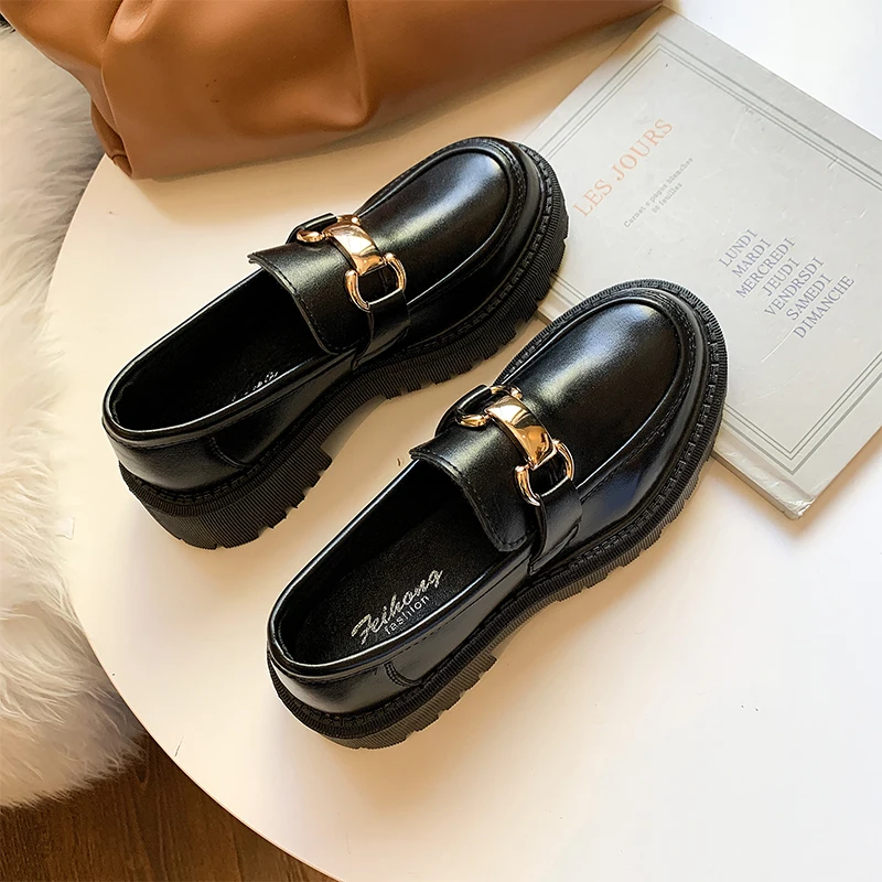 

2021 Classic Office Platform Leather Oxfords Spring Autumn Fashion Casual Slip On Boat Shoes Black Flats Shoes Women Loafers