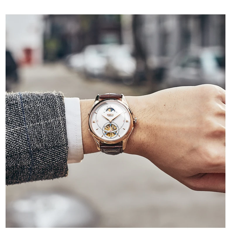 Nesun Tourbillion автоматические механические мужские часы с скелетом, роскошные Брендовые мужские часы, водонепроницаемые мужские часы, N9038-4