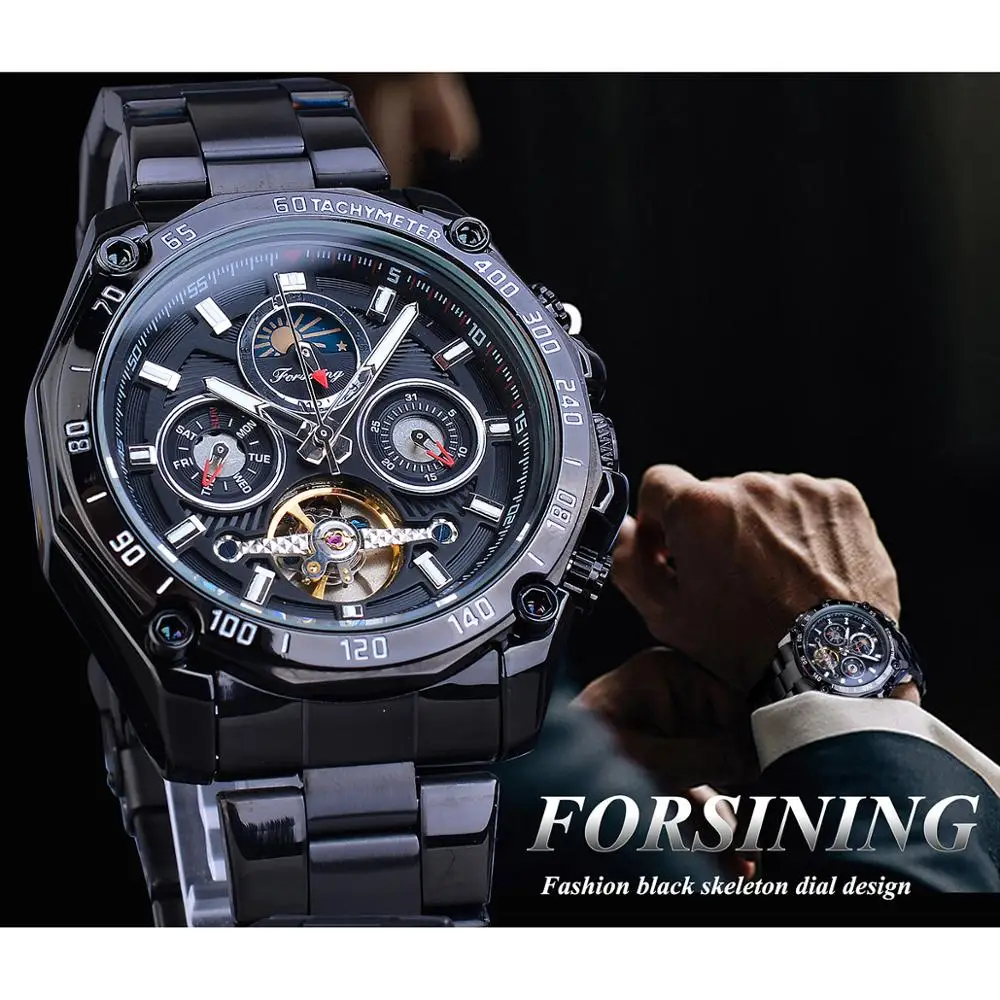 Forsining полностью черные Tourbillon механические часы мужские Moonphase Дата нержавеющая сталь Группа Автоматические наручные часы Erkek Kol Saati