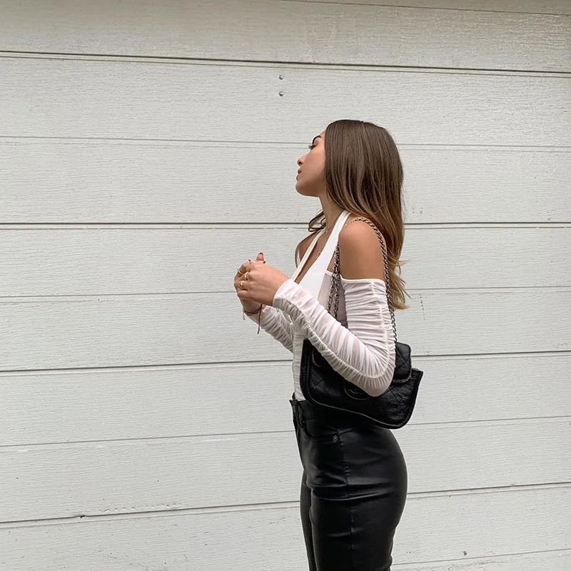 

Sexy Halter V-Neck T-Shirt Women Long Sleeve Mesh Patchwork Crop Top 2021 Club Party Night Black White Tops Tee Shirts Mujer
