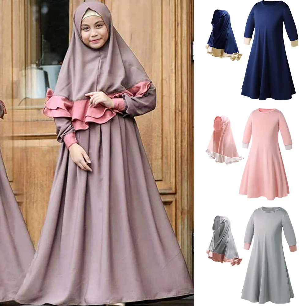 Платье для мусульманской девушки комплект из двух частей длинное хиджаб Абая химар исламский кафтан одежда Арабская молитва Макси платье