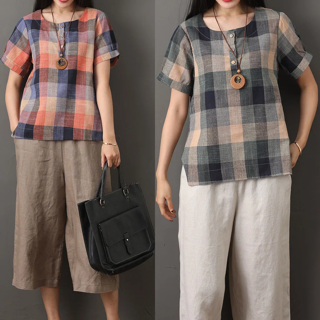 Женская клетчатая футболка летняя хлопковая и льняная с принтом футболки