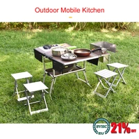 4 7 person outdoor camping picnic mobile kitchen foldable table cookware set with folding stool cooking gas stove c550c650