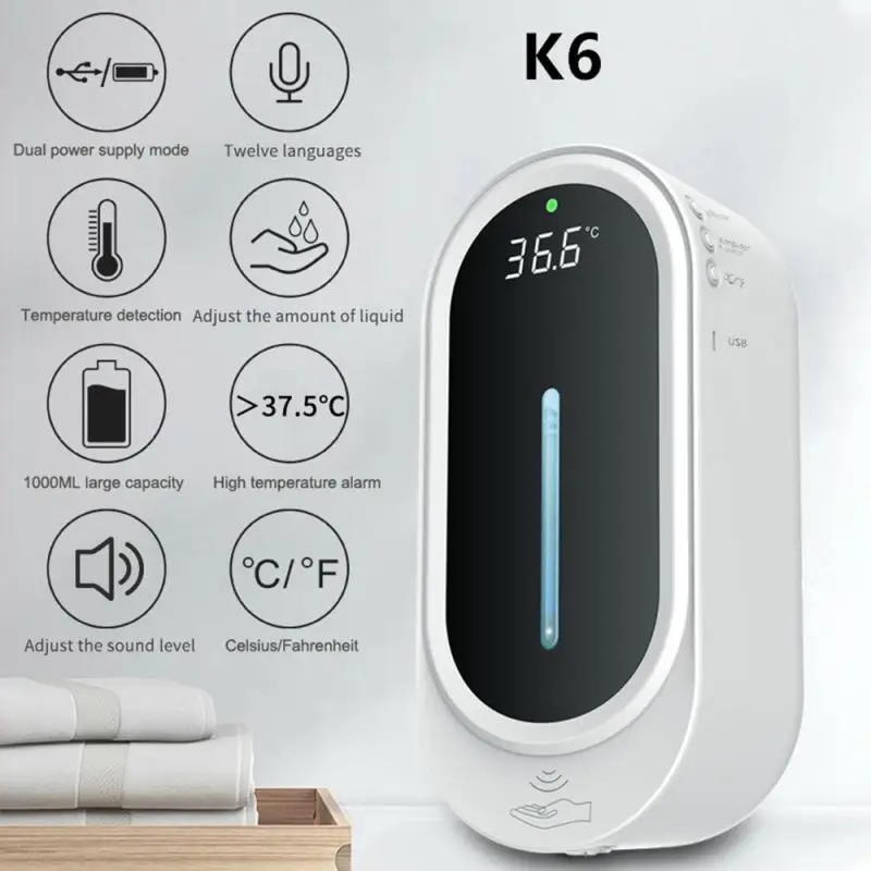 

1000 мл настенный диспенсер для дезинфицирующего средства для рук с термометром, бесконтактное автоматическое дезинфицирующее средство для ...