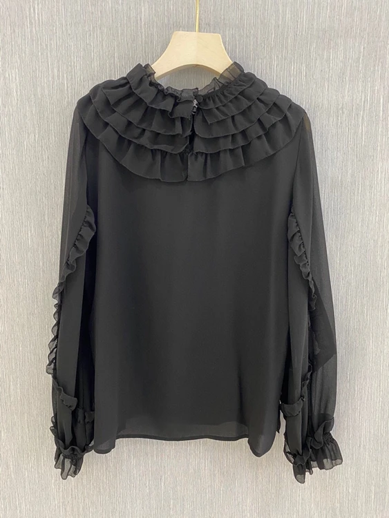 

2020 autumn and winter new women's layered wood ear lace collar solid color long-sleeved fashion all-match shirt 1203