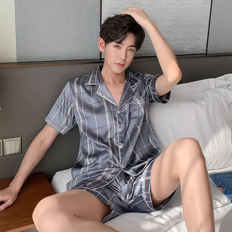 CAIYIER Plus Size 4XL 5XL Men's Pajamas Summer Satin Silk Sleepwear Set Short Sleeve Shorts Boy Leisure Pajama Sets Grid Printed