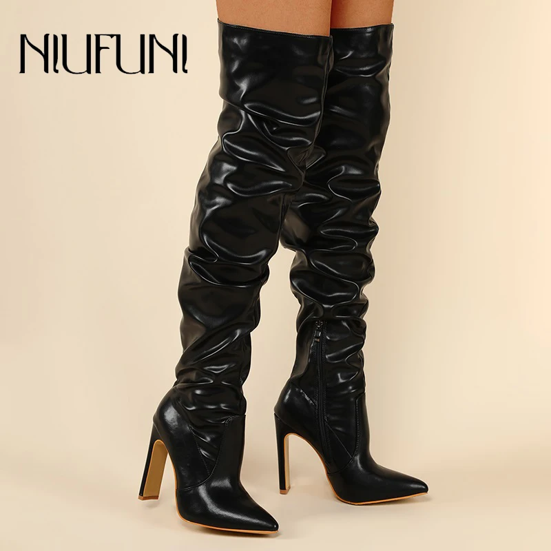 

Pointed Pleated Stiletto Zip Over The Knee Boots Women's Winter Shoes Solid Color PU Leather Size 35-42 Thigh High Woman Boots