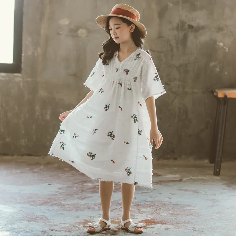 

embroidery flowers big girls summer dress teen kids dress elegant children's clothes